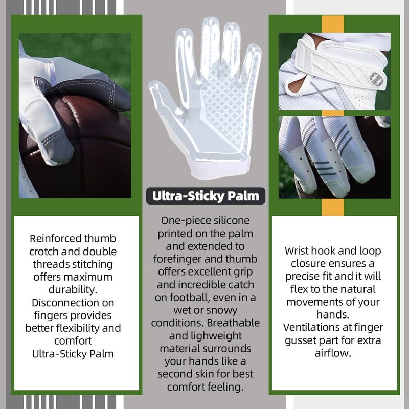 Seibertron Pro 3.0 Elite Ultra-Stick Sports Receiver Glove Football Gloves Youth and Adult (White, L) - Image 3